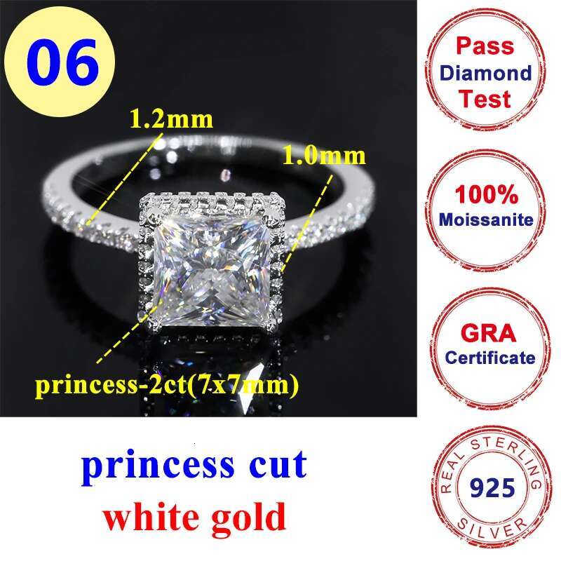 2/4/6CT Princess Full Moissanite Diamond D Color VVS Womens Ring S925 Sliver 18K White Gold Wedding Top Quality Rings for Women