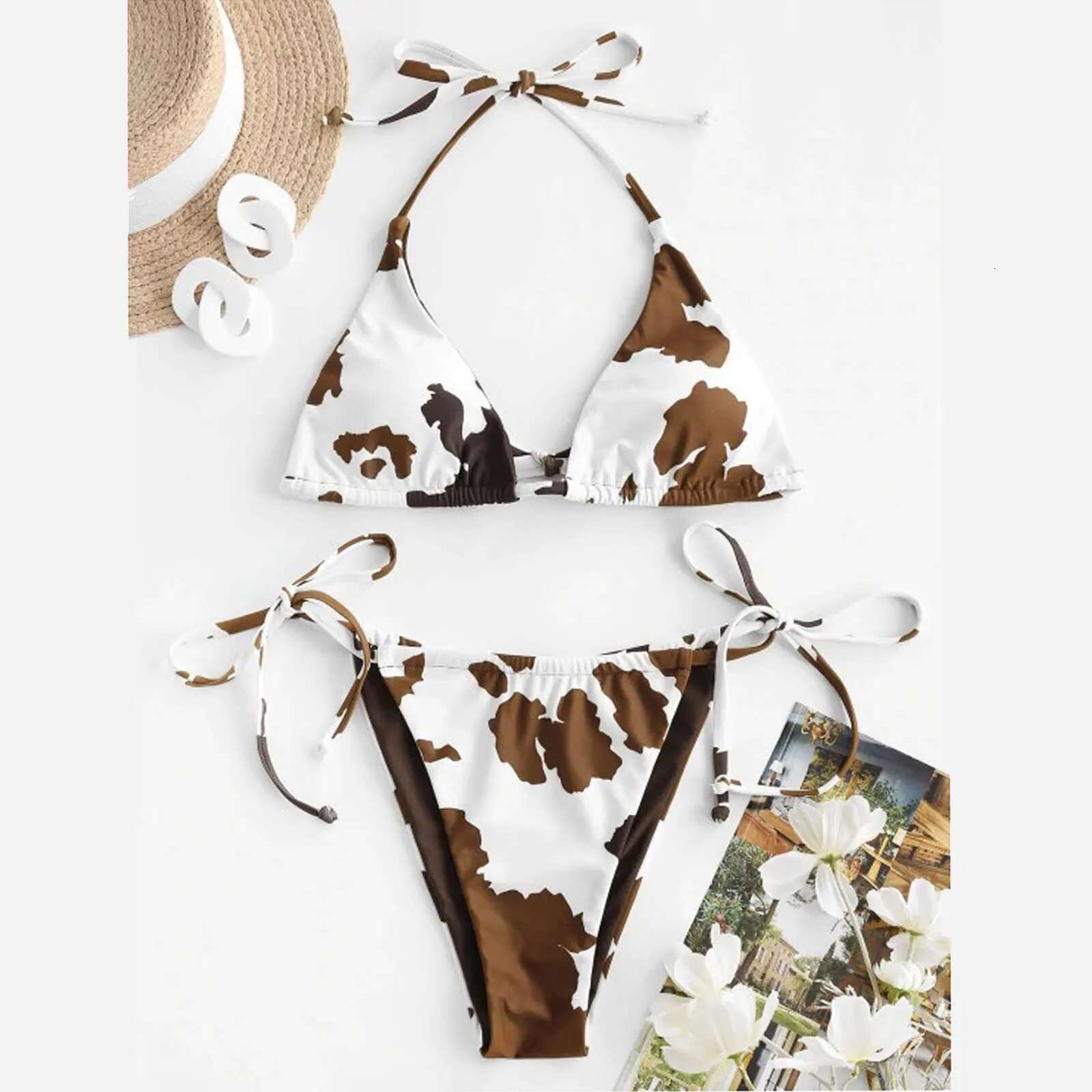 Ladies Cow Printed Suit Hanging Neck Low Waist Side Lace Up Three-point Split Bikini Swimsuit Sexy Bathing Suits