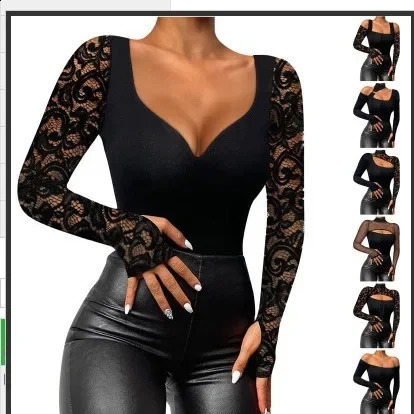 Spring and Autumn Sexy Irregular Long Sleeve Tshirt Lace Splicing Non Chinese Mainland Origin Abnormal 250407