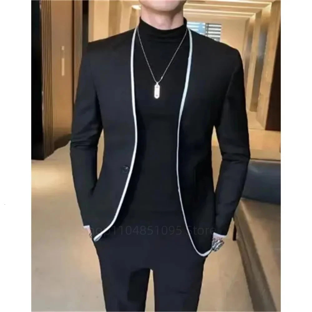 Casual Black Mens 2 Pieces Slim Fit Suit Set One Button Collarless Suit Jacket Pants for Party Business Wedding Men Clothing 251107