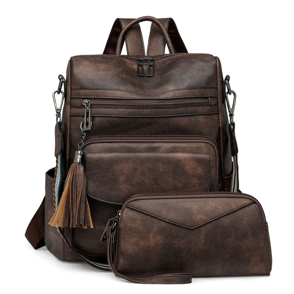 Fashion Designer Travel Bag For Large Anti-Theft Leather Ladies Shoulder Bags With Tassel Two-Toned Brown Backpack Women