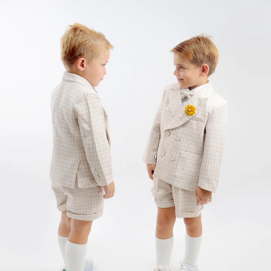 Baptism Suit for Baby Boy Khaki plaid Formal Jacket Infant Gentleman Clothing Set Outfit Wedding 1st Birthday Party Dress Suit 250410