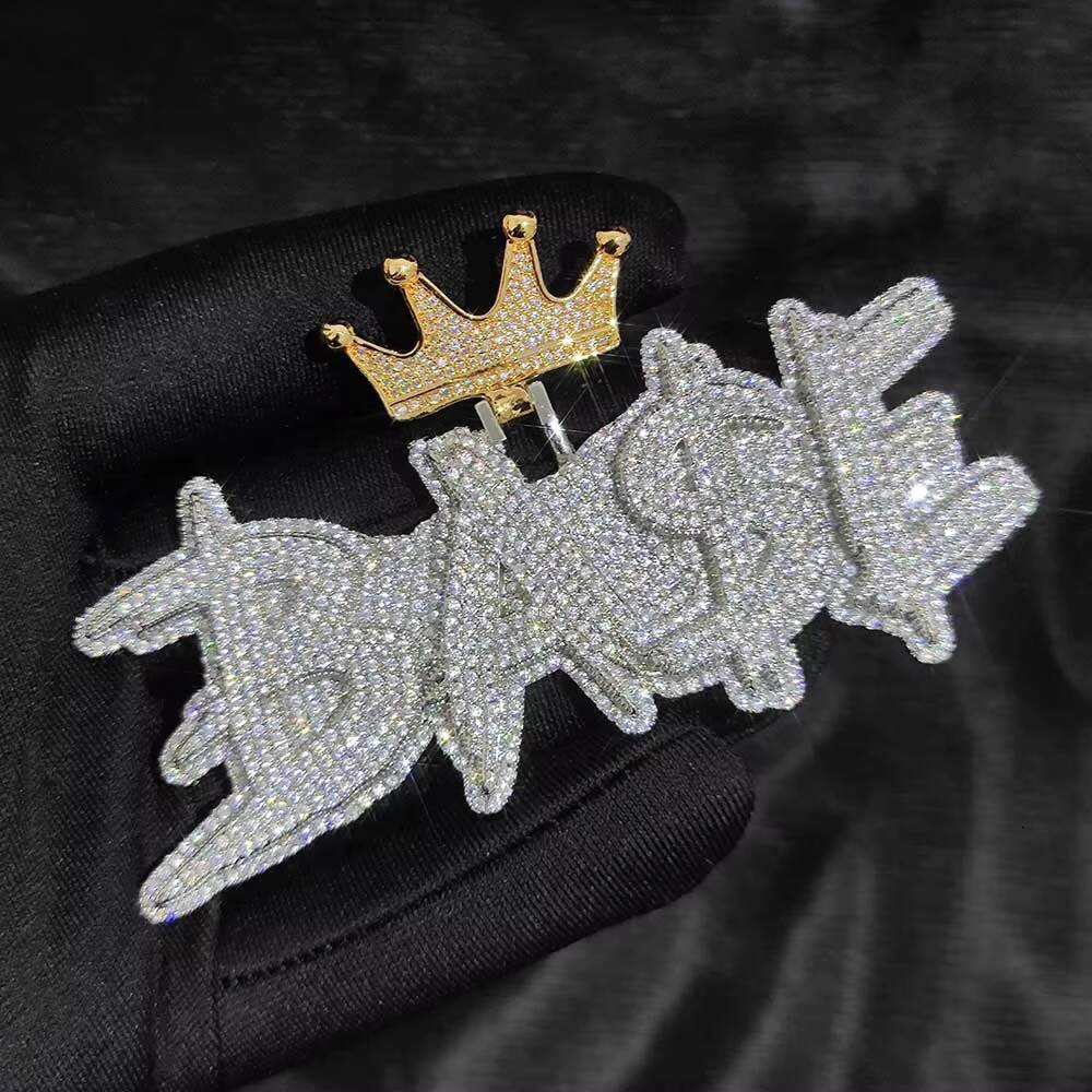 NUOYA Custom Cursive Letter Pendant Two Color Crown Hook Design Iced Out Diamond Name Pendant Hip Hop Jewelry Women Customizable