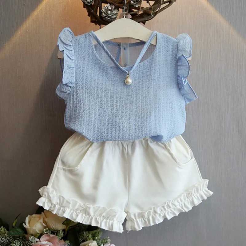 Womens Chiffon T-shirt+Shorts Set Summer Pearl Sleeveless Top Solid Color Chiffon Cute Dress 3-8 Year Childrens Clothing SetXJ250410