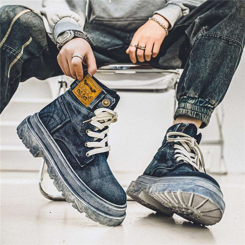 New Men's Black Leather High Top Boots British Style Trendy Motorcycle Lace up Boots Men's Vintage Riding Shoes