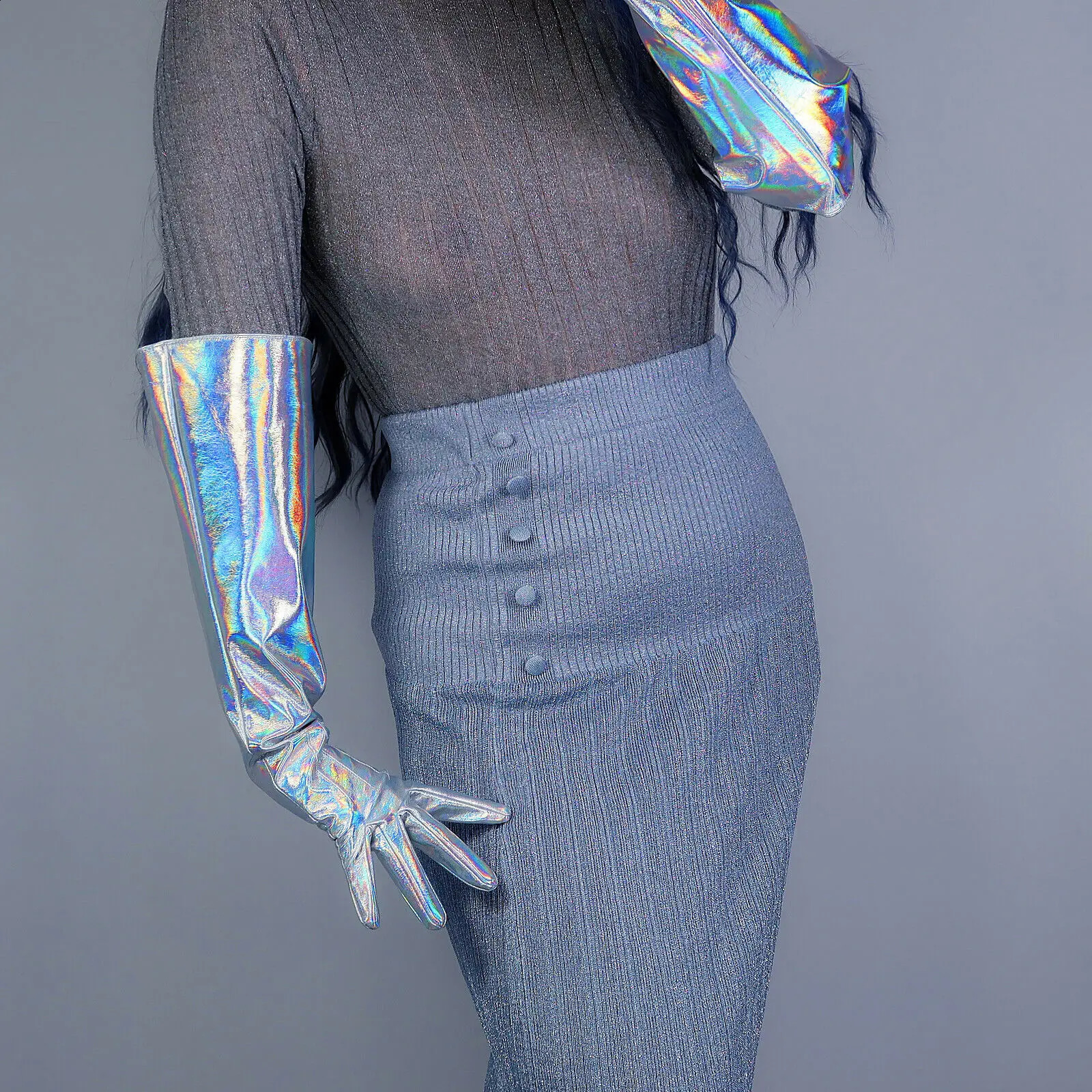 LATEX GLOVES Faux Patent Leather 6 16cm Short Hologram Silver Mermaid Holographic Holo Rainbow LLDLLNT 250408