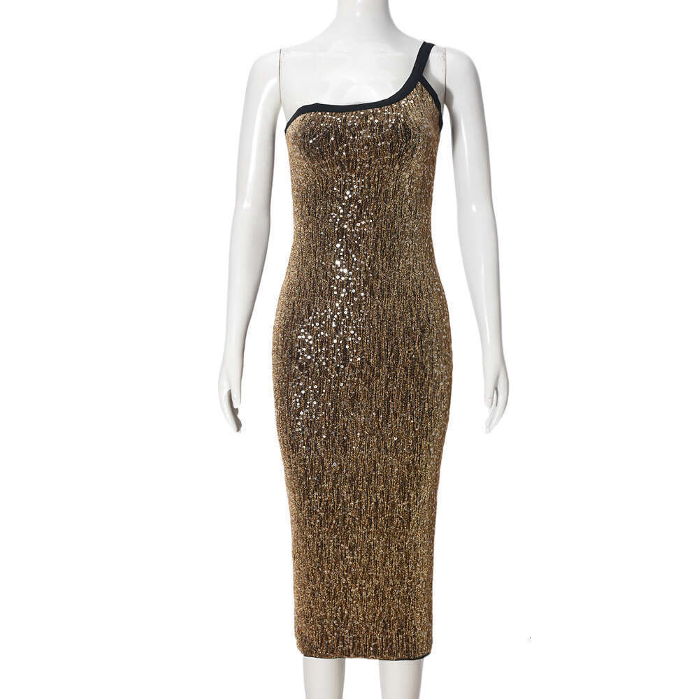 Women's New Fashion Sequin Retro SEXY DRESSES FOR WOMEN One-Shoulder Strap Backless Stretch Night club maxi dress