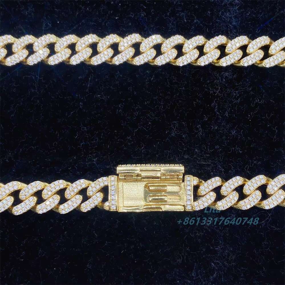 Hip Hop Fine Jewelry 10mm Moissanite 14k Gold Plated Cuban Link Chain Necklace Bracelet Cuban Diamond Chain for Men