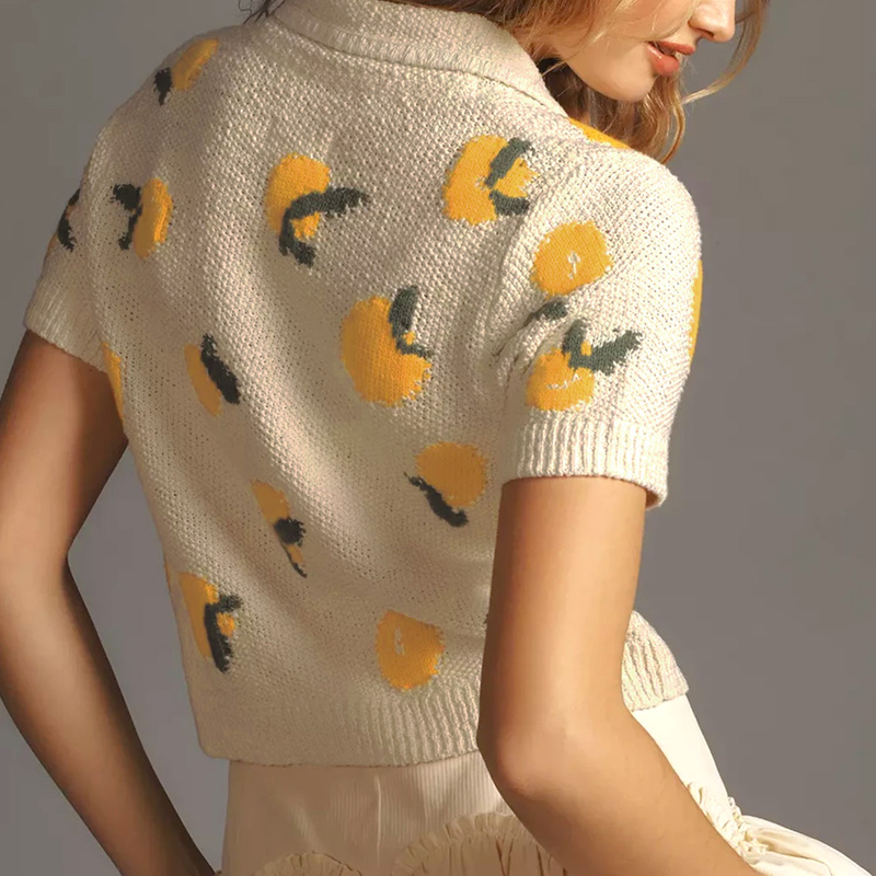 Womens Solid Color Knit Cardigan - Sesame Bottom Jacquard with Fruits & Flowers for Valentine's Day---NBJ039