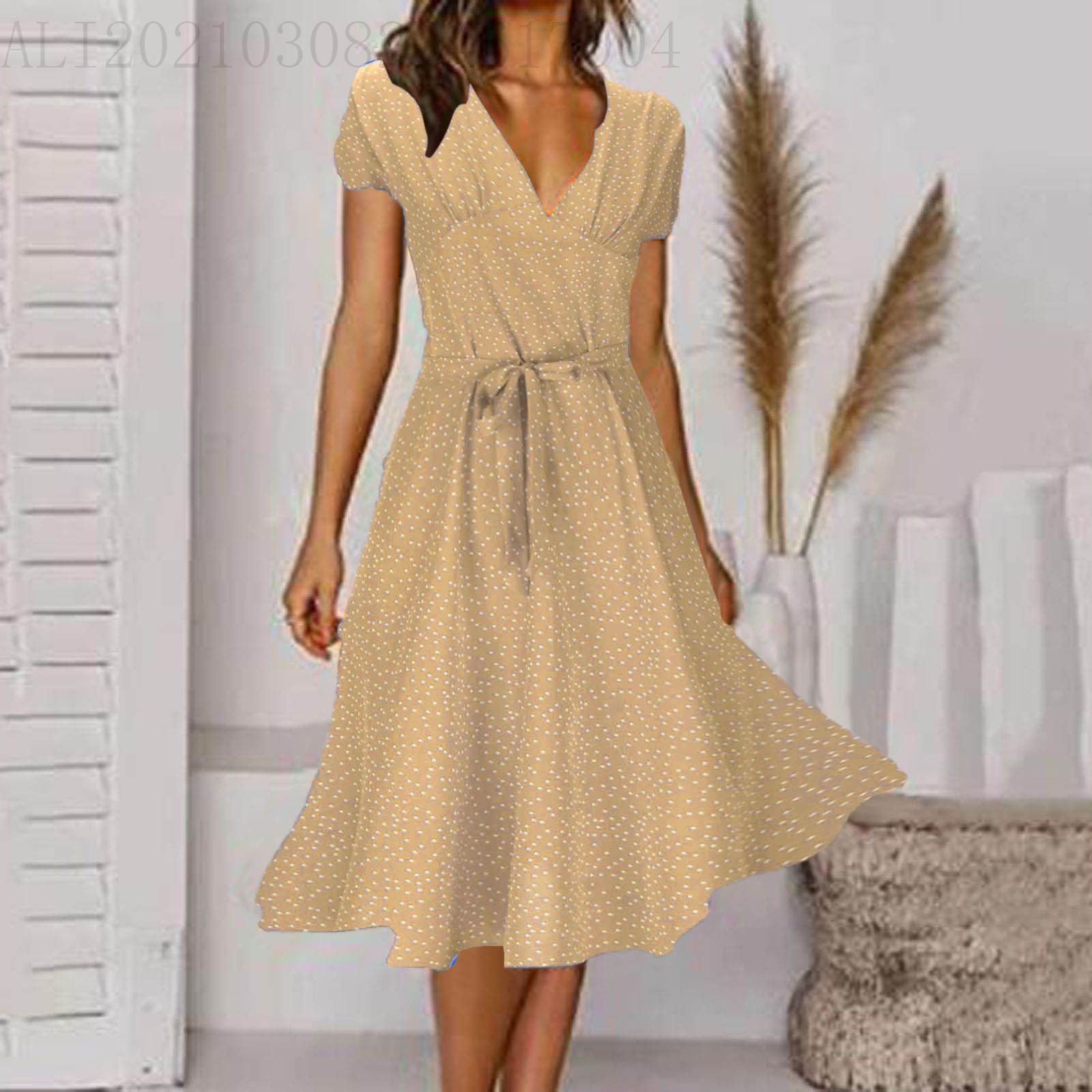 X19220 Women's Popular Short-Sleeve V-Neck Sexy Floral/Polka Dot Print Dress