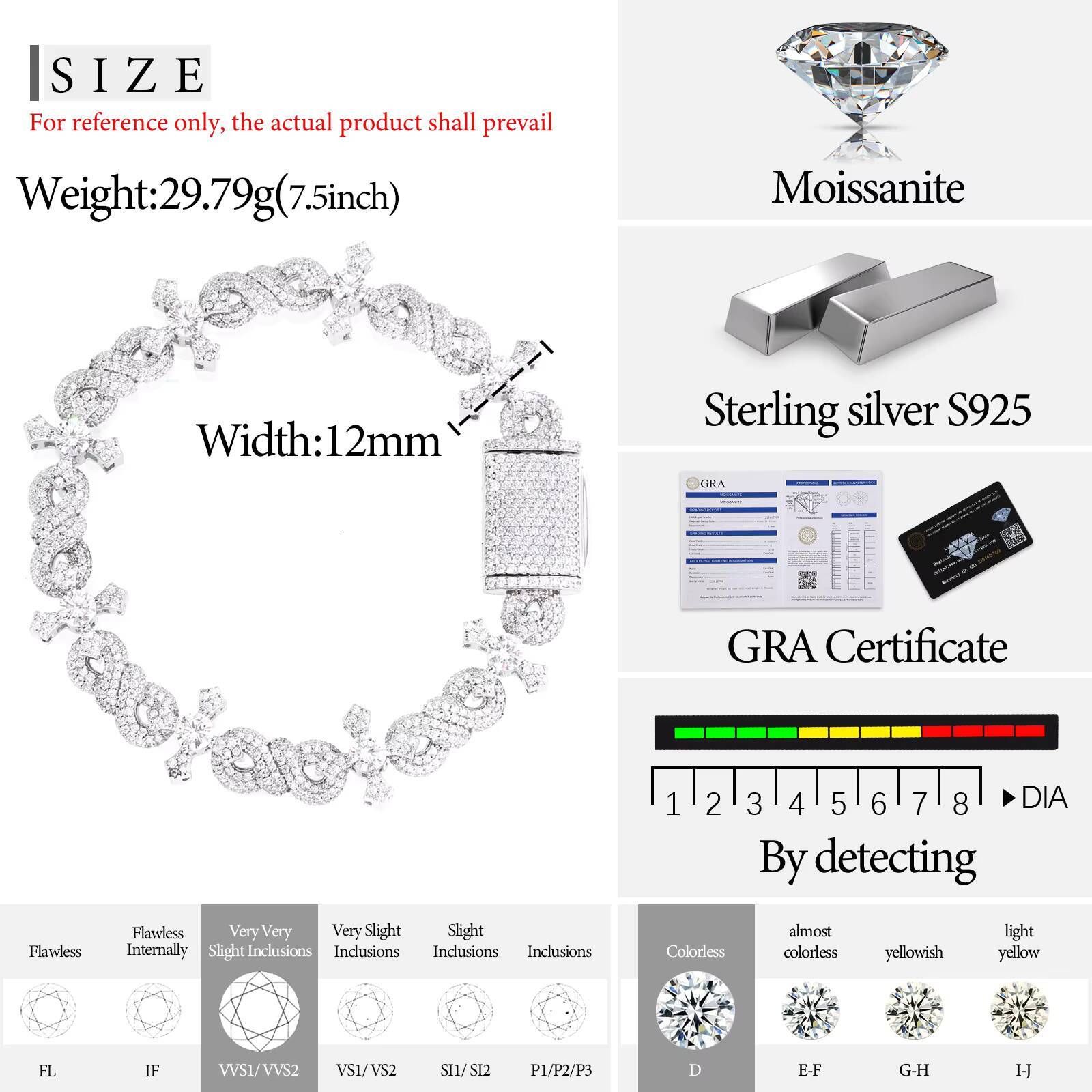 Hip Hop Jewelry 12mm White Gold 925 Sterling Silver VVS Moissanite Diamond Iced Out Infinity Cross Link Bracelet