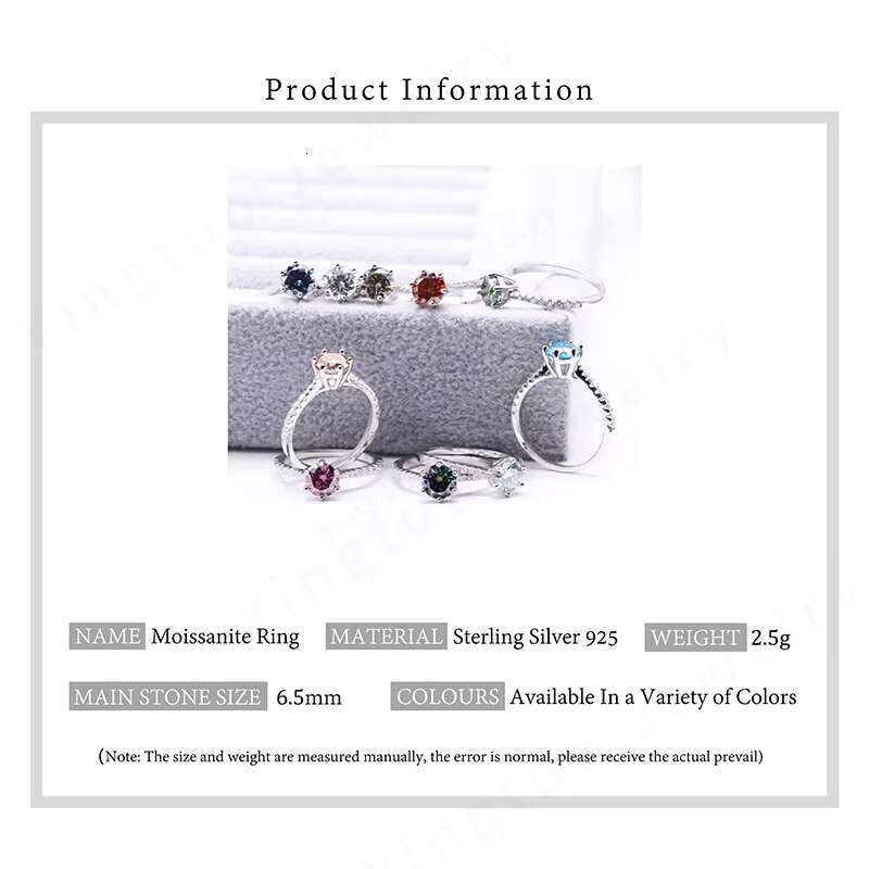 6.5mm 1ct Colored Round 925 Moissanite Engagement Rings for Women Moissanite Jewelry with GRA