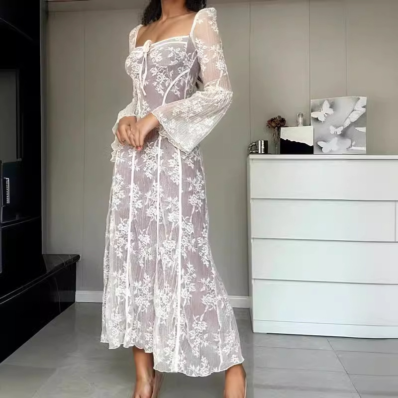 Elegant socialite lace V-neck hollow French for women 2025 new spring and summer waist cinching slimming dress
