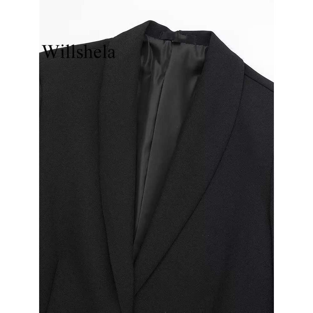 Willshela Women Fashion Satin Black With Feather Blazer Jacket Vintage Notched Neck Single Button Long Sleeves Female Outfits