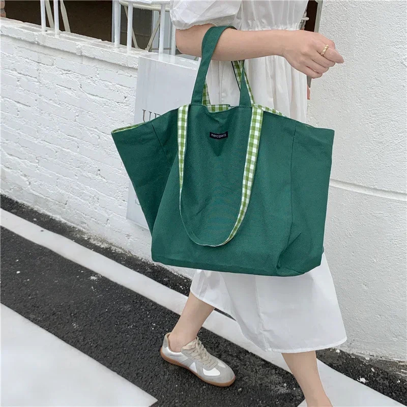 Women Canvas Shoulder Bags Plaid Double-side Large Capacity Handbags Female Shopping Portable Lazy All-match Foldable Tote Bag 251110