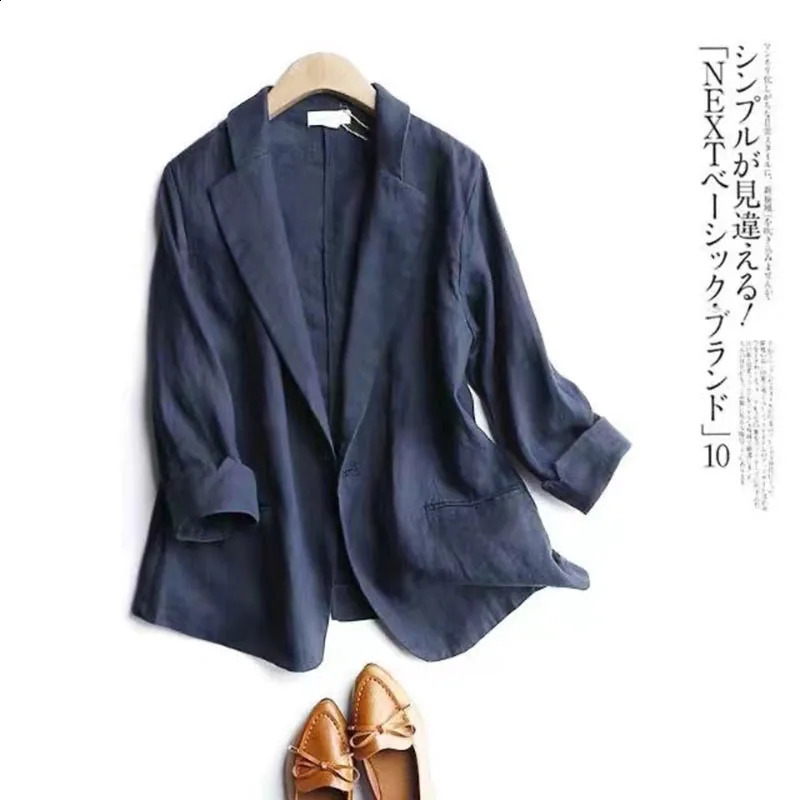 SpringSummer Womens One Third Sleeve Set Cotton Linen Jacket Flip Collar Pocket Top 250407