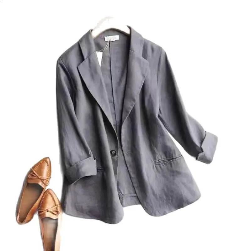 SpringSummer Womens One Third Sleeve Set Cotton Linen Jacket Flip Collar Pocket Top 250407