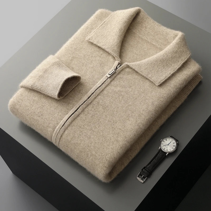 Autumn Winter Mens 100 Cashmere Polo Collar Thick Zipper Cardigan Business Casual Sweater Comfortable Warm Knit Jackets Tops 251030