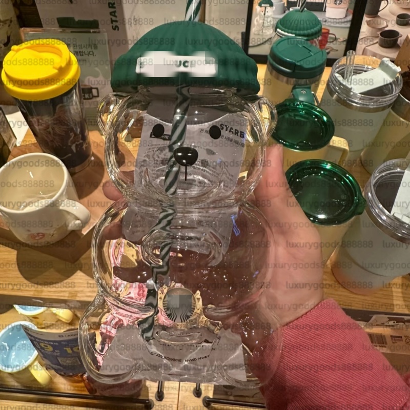 Glass Bear Cup with Straw Cute Transparent Glass Cup with Hat Iced Coffee Cold Drink Gift Water Bottle