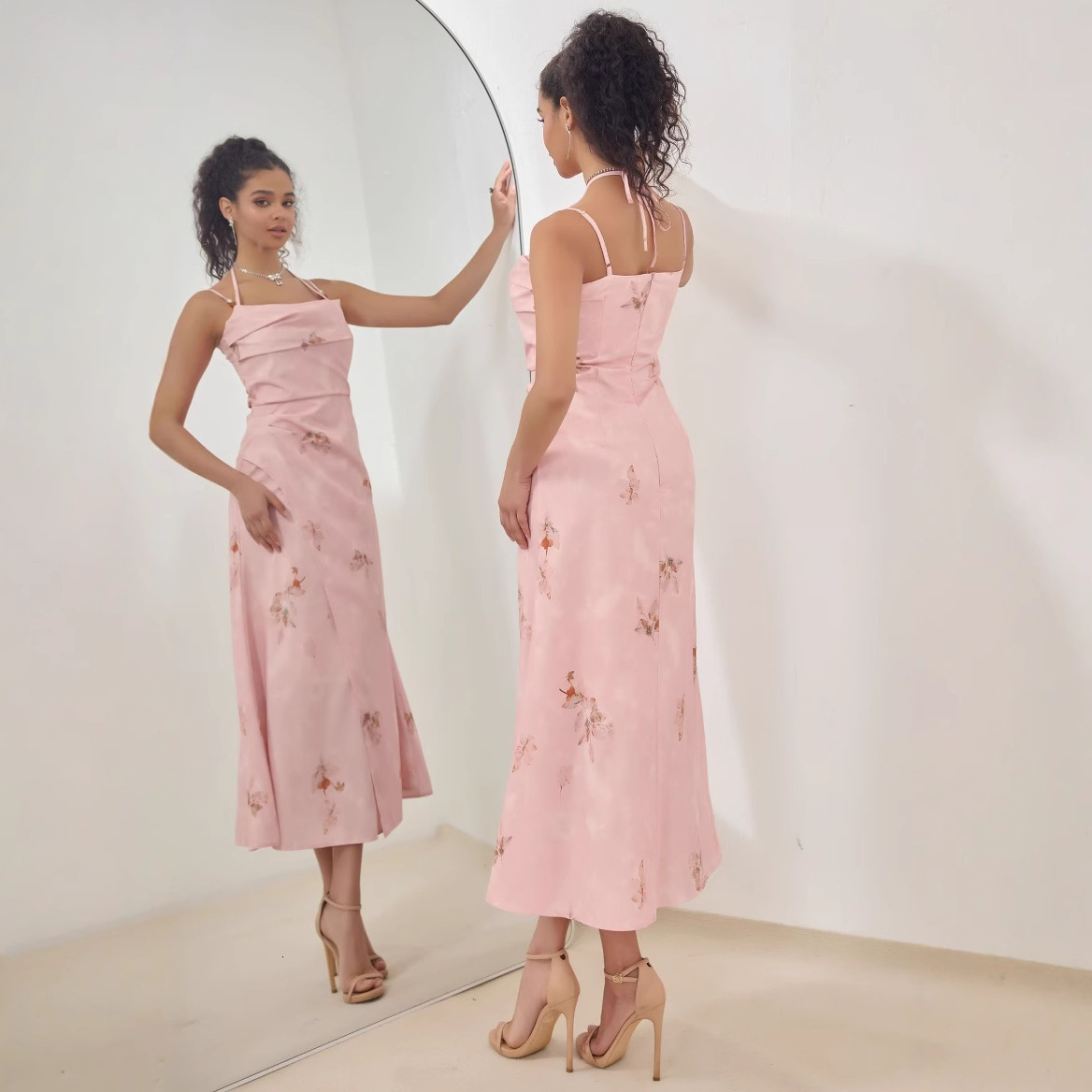 European style 2025 spring and summer new product with high-end temperament, socialite's western-style pink suspender dress for women