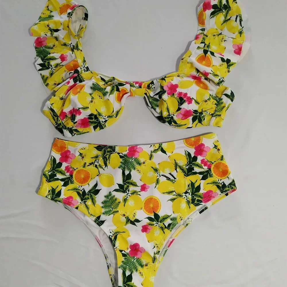 Sexy Women Push Up Swimwear Swimsuit Fruit ral Print Ruffle High Waist Bikinis Set Bathing Suit Beach Bikini Female