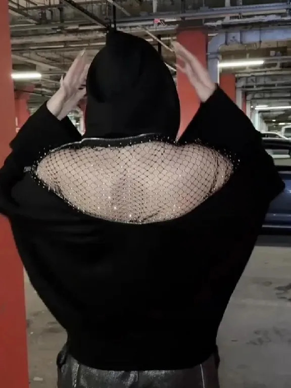 Harajuku Sexy Off Shoulder Transparent Hoodie Y2K Clothing Women Fashion Gothic Sweetheart Mesh Oversized Pullover Casual Jacket 251106