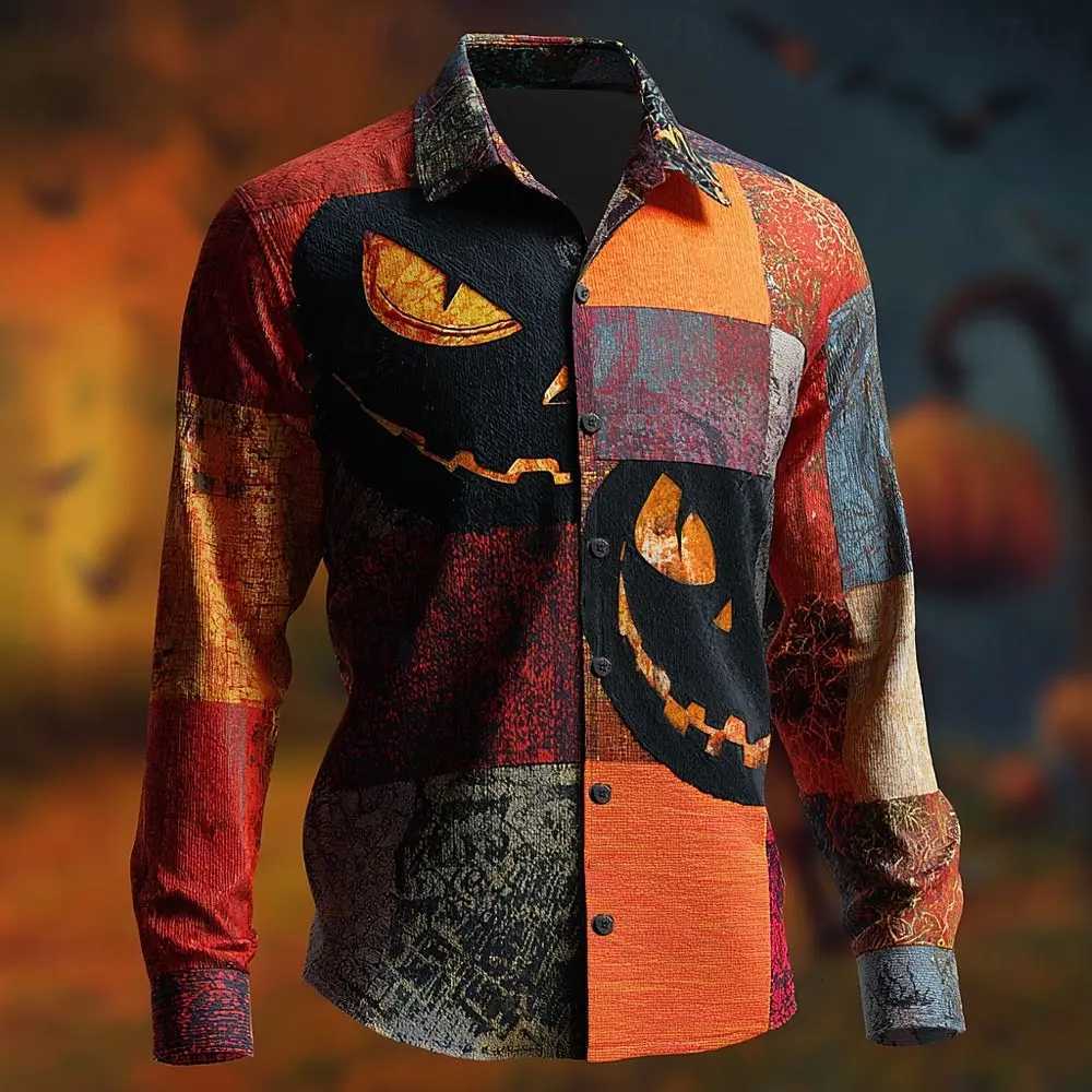 Halloween Costumes Mens Color Block Pumpkin Patchwork Shirt Button Up Shirt Long Sleeve Casual Outdoor 3D Print Collared Shirts K251110