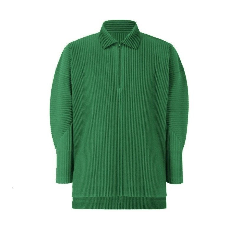 Miyake Pleated Mens Polo Shirt Longsleeved Sports Leisure Solid Zipper Pullover Bottoming Tops Men w250317