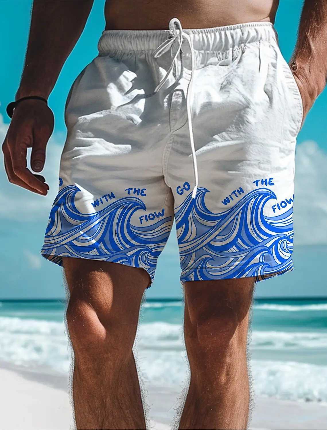Waves Mens 3D Printed Board Shorts Swimming Rod Elastic Waist Pull Rod Summer New Hawaiian Beach Style Letter DesignW250410
