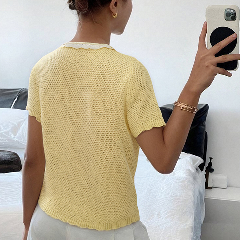 Women's Spring Summer Colorblocking Sweater Round Neck Comfortable Design Bohemian Casual Vacation Short Sleeve Front Button Knit Top---NBJ071