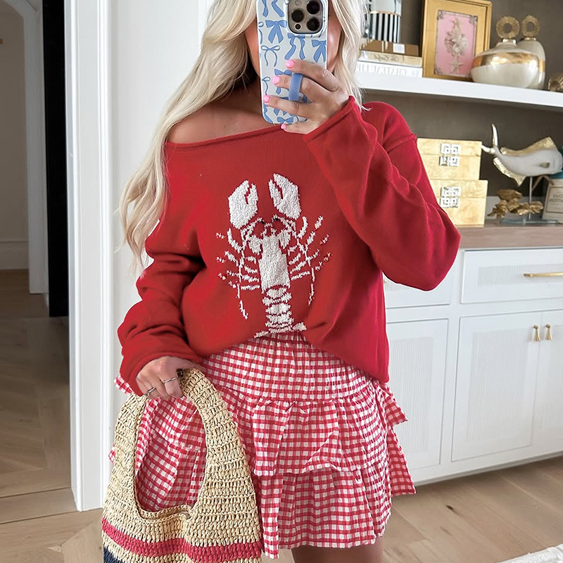 Women's multi-color lobster print sweater, off-the-shoulder long-sleeved top, troffice outfits for women, outerwear, christmas outfit for women--