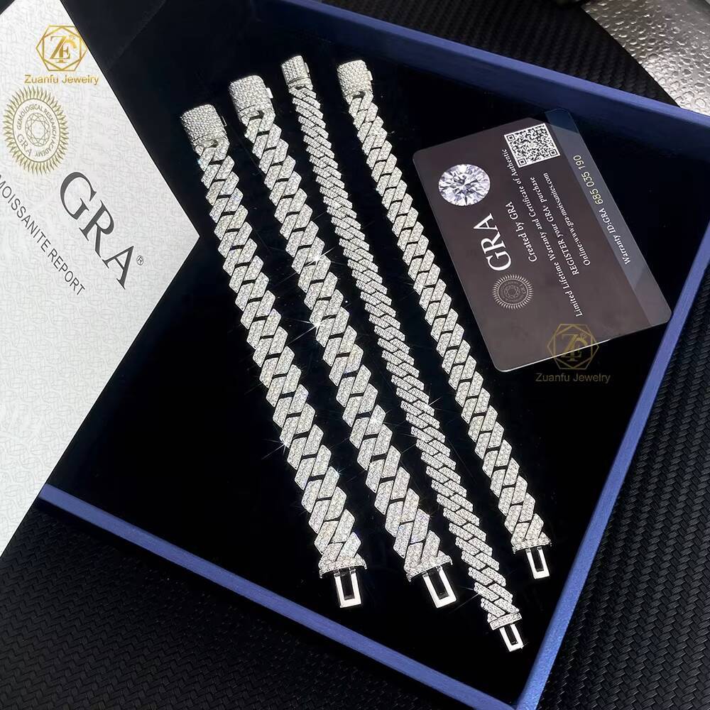 Factory Price 8mm 10mm 12mm Width 2 Rows 925 Solid Silver Iced Out Hip Hop Jewelry Moissanite Cuban Link Chain Bracelet for Men