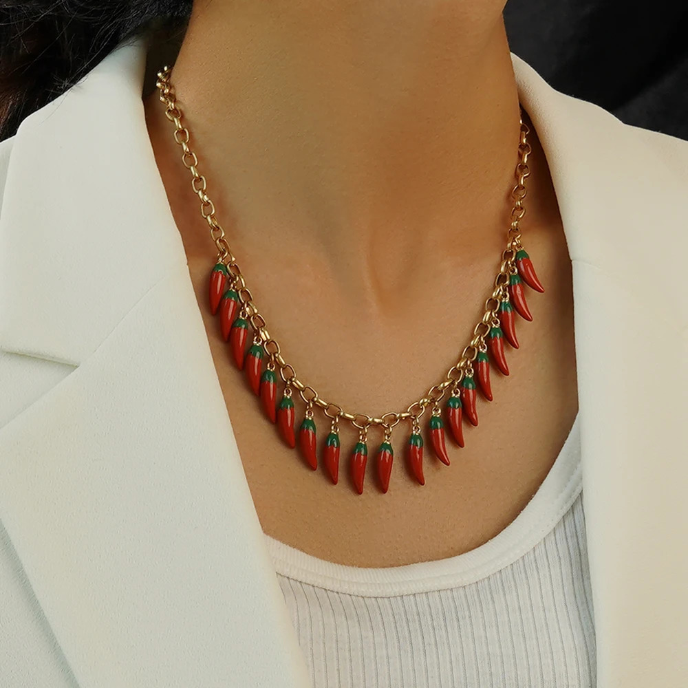 Fashion Trend Red Chili Tassel Pendant Necklace Vegetable Adjustable Jewelry Banquet Womens Gift 250409