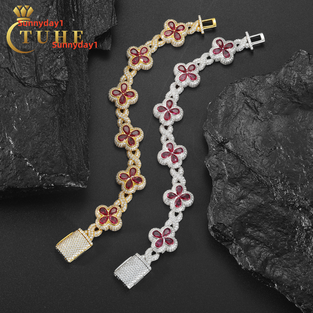 Fashion Mens Jewelry 17mm 925 Sterling Silver VVS Moissanite Diamond Colorful Iced Out Four Leaf Clover Infinity Link Bracelet