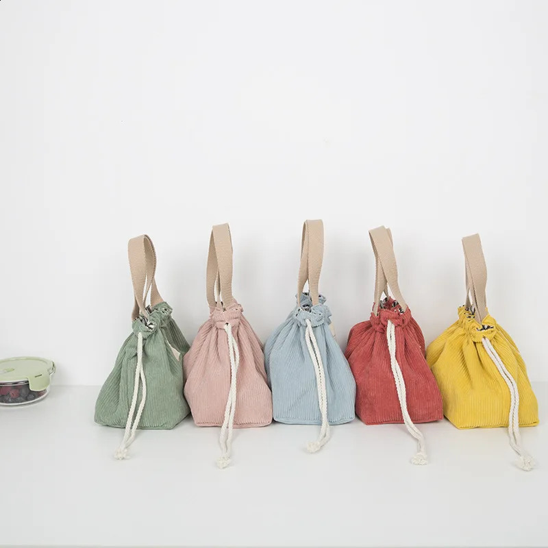 Lunch bag Corduroy canvas lunch box drawstring picnic handbag eco-friendly cotton canvas mini handbag dinner container food storage bag 250410