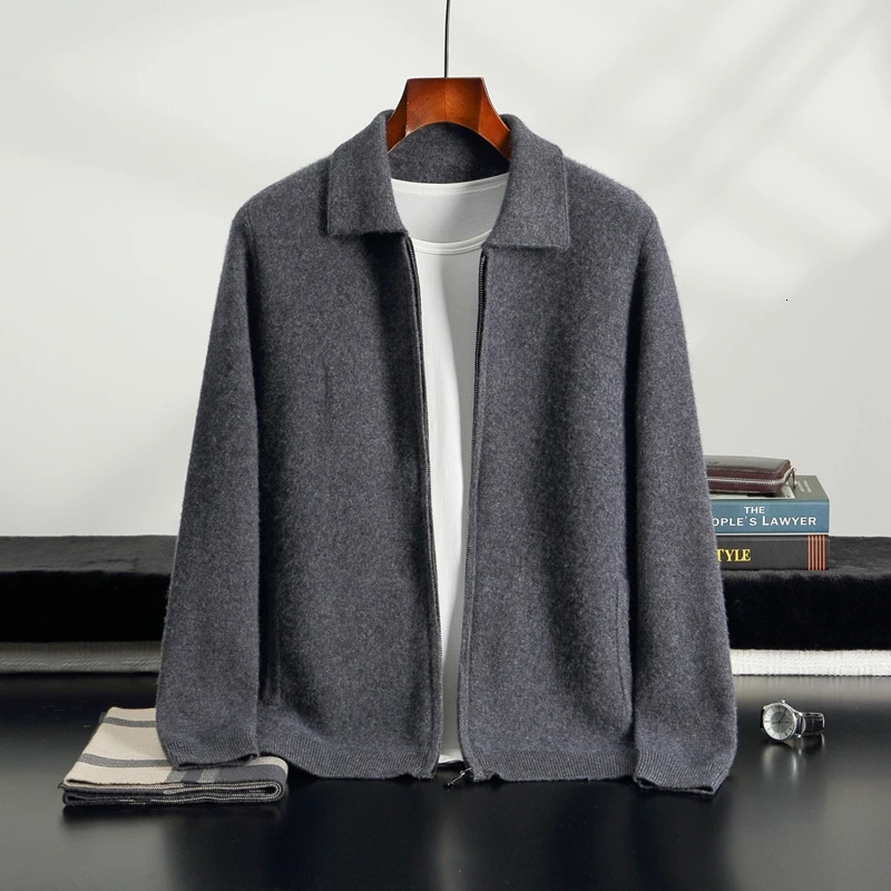 Autumn Winter Mens 100 Cashmere Polo Collar Thick Zipper Cardigan Business Casual Sweater Comfortable Warm Knit Jackets Tops 251030