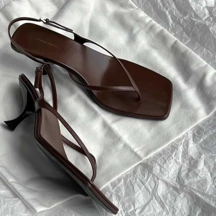 Square toe clip toe sandals kitten heel strap brown solid Ccise French style sexy Fi womens shoes summer casualXJ250410