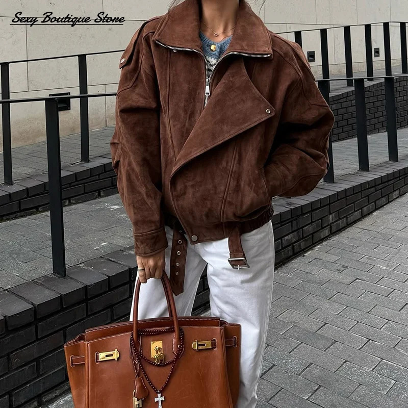 Vintage Fashion Faux Suede Jacket For Women Long Sleeve Lapel Oversize Coat Casual Zipper Outwear Lady Commuter Clothes 251106