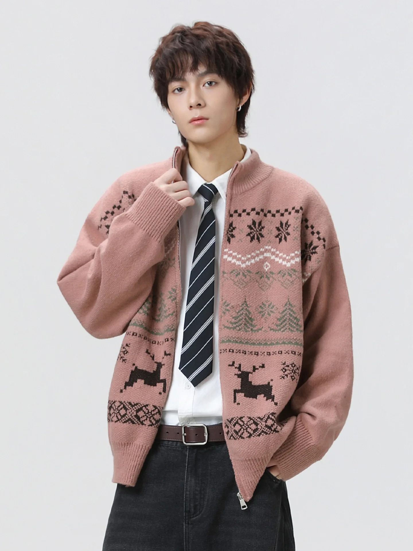 Fair Isle Zip Cardigan Mens Textured Jacquard Knit Sweater Retro Stand Collar Pullover Unisex Christmas Gift For Autumn Winter 251030