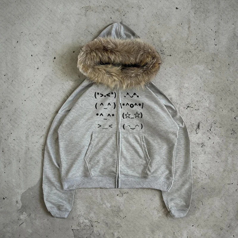 Casual Faur collar Harajuku Streetwear Hiphop Zipper Hoodie sweatshirt Vintage Rock Goth Loose Punk EMO Y2K Zip up hoodie Jacket 251105
