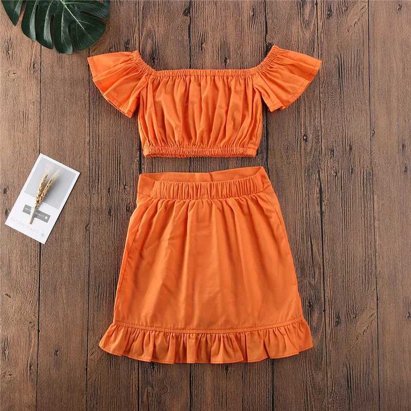 1-5 Year Old Preschool Girls Orange Clothing Set Shoulder Cut Top Ruffle Girls Summer 2-piece SetXJ250410