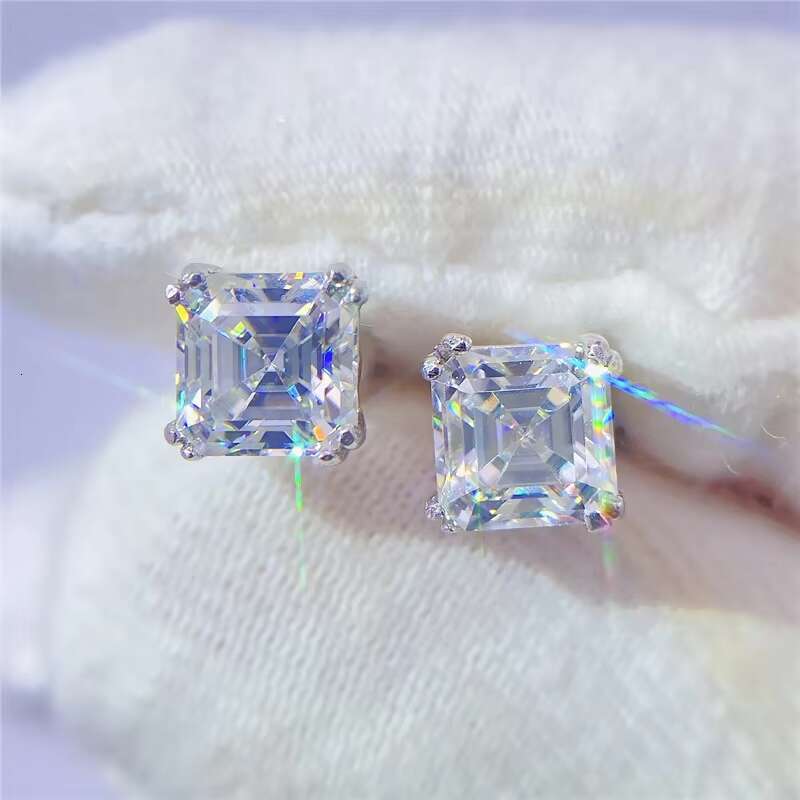 Hip Hop Jewelry Fashion Asscher Cut Big Size Moissanite S925 Mens White Gold Plated Diamond Stud Earrings