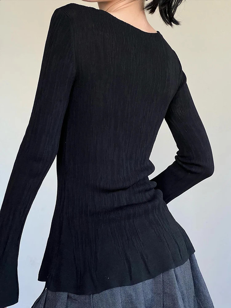 Rockmore solid pleated long sleeved Tshirt Flare sleeves Spring and Autumn womens ultrathin casual staff collar basic floral top 250407