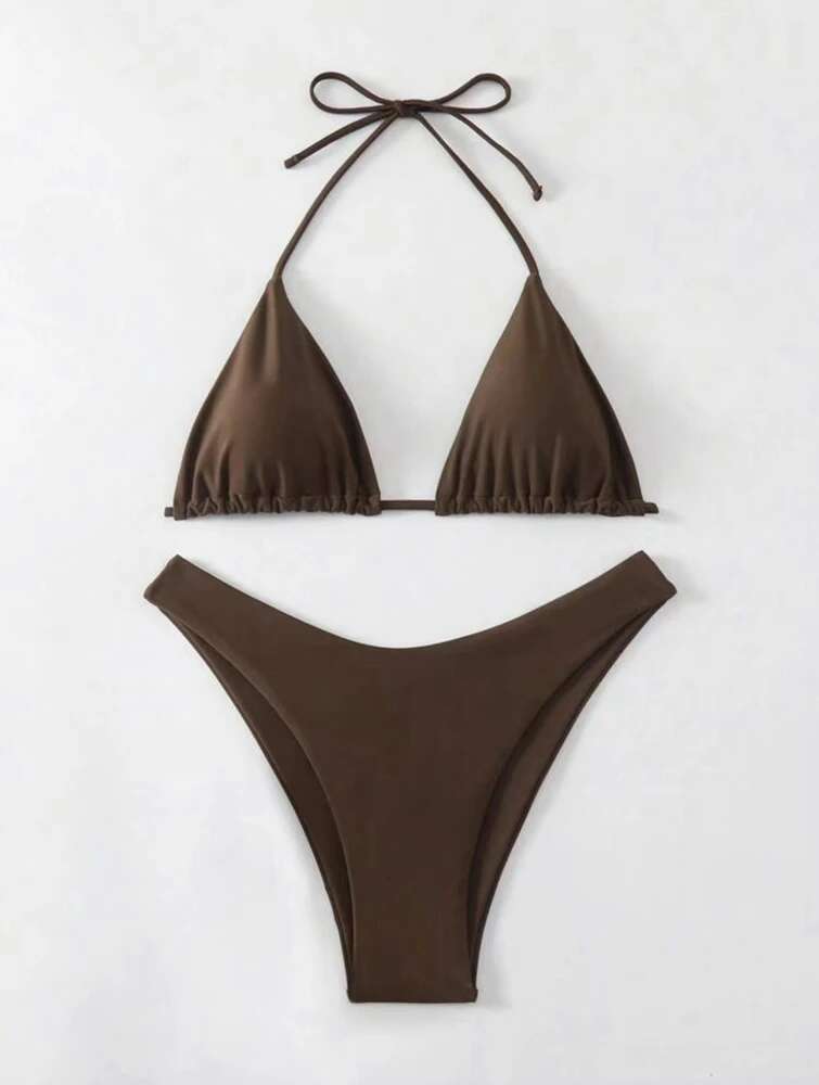 2025 New Set Women Sexy Simple Solid White/Black/Coffee Halter Bikini Swimsuit Lace Up Brazilian Beach Bathing Suit