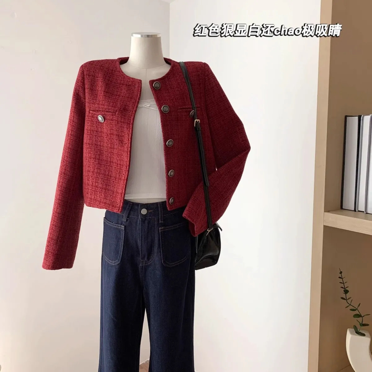 High Quality Chic Autumn Winter Red Woolen Short Jacket Coat Sweet Fashion Women O Neck Single Breasted Tweed Weave Cropped Tops 240823