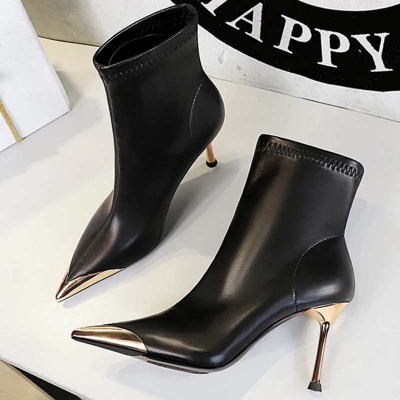 BIGTREE shoes Autumn Winter Boots Metal Pointed tip Women Boots Fashion Leather Boots High Heels Stilettos Women Ankle Boots 251110