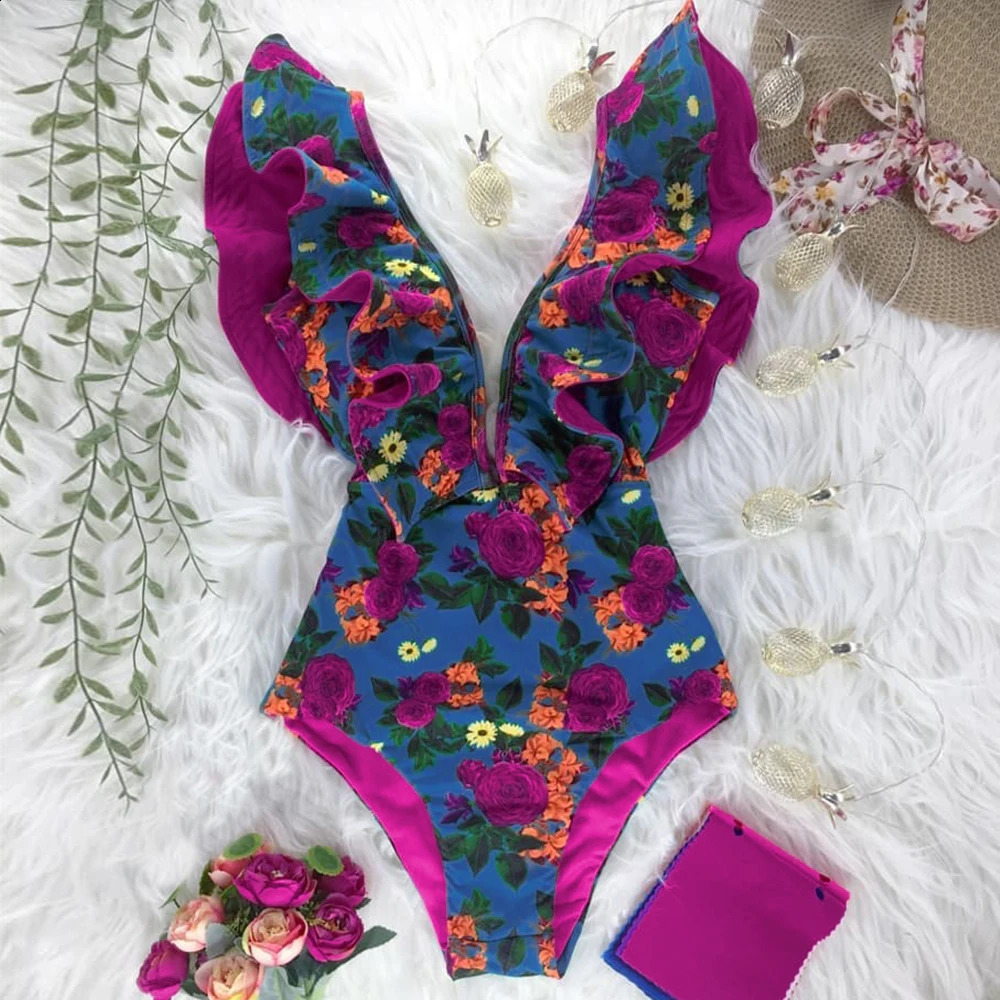 2025 Sexy Ruffle Print Floral One Piece Swimsuit Off The Shoulder Swimwear Women Solid Deep-V Beachwear Bathing Suit Monkini 250410