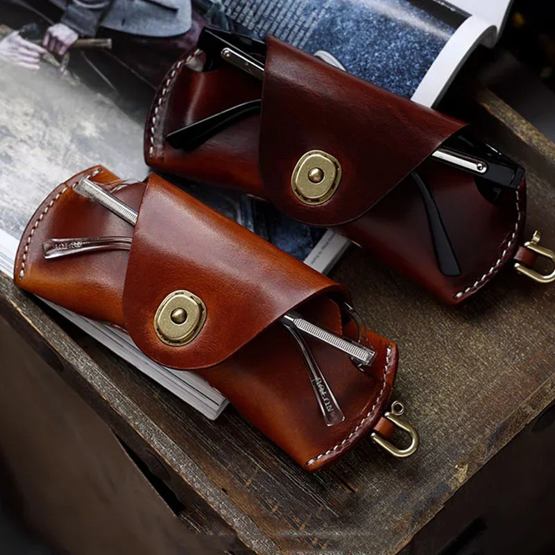 First layer denim leather glasses case low beam glasses for men and women portable hanging rope storage box Tanned 250409