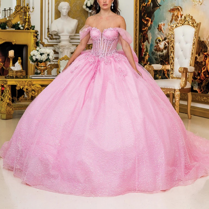 Pink Shiny Princess Quinceanera Dresses Off Shoulder Applique Beads Bow Tull Corset Sweet 16 Dress Ball Gown Vestidos 15 De Anos