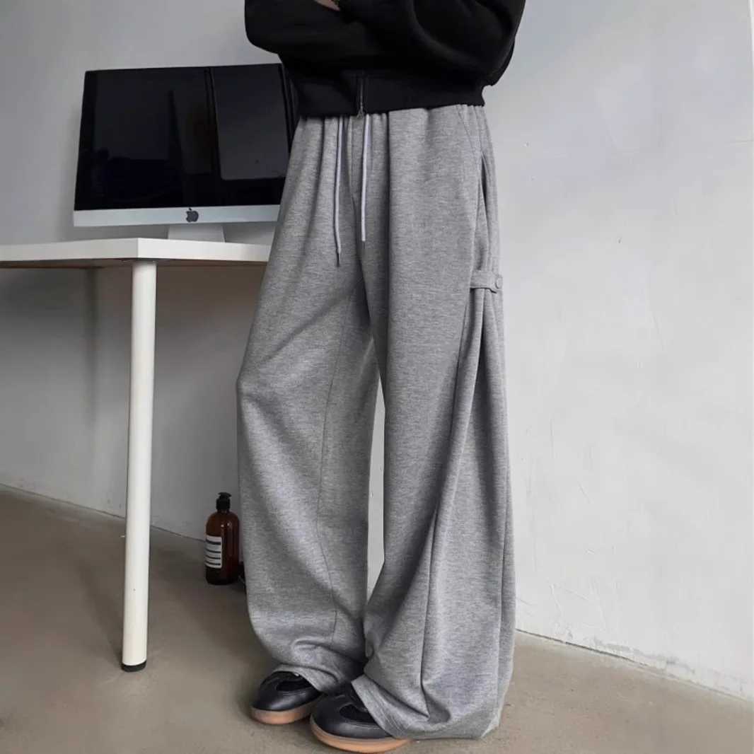 Grey heavy-duty mens pants spring/summer American style streetwear straight leg wide leg drawstring casual sports pantsXJ250410